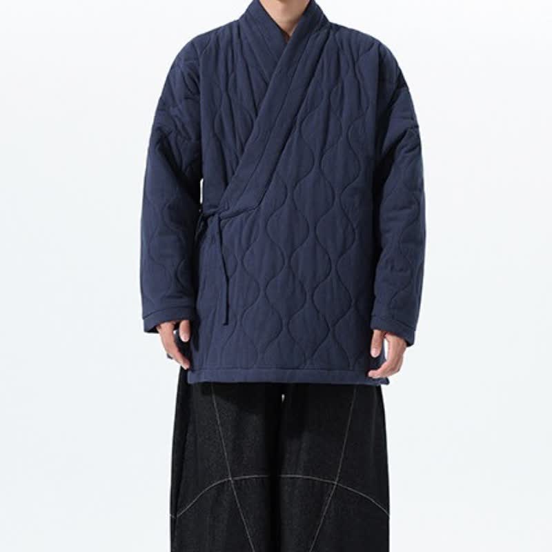 Buddha Stones Fall Winter Casual Tang Style Drawstring Quilted Solid Cotton Men's Kimono With Pockets - image 6