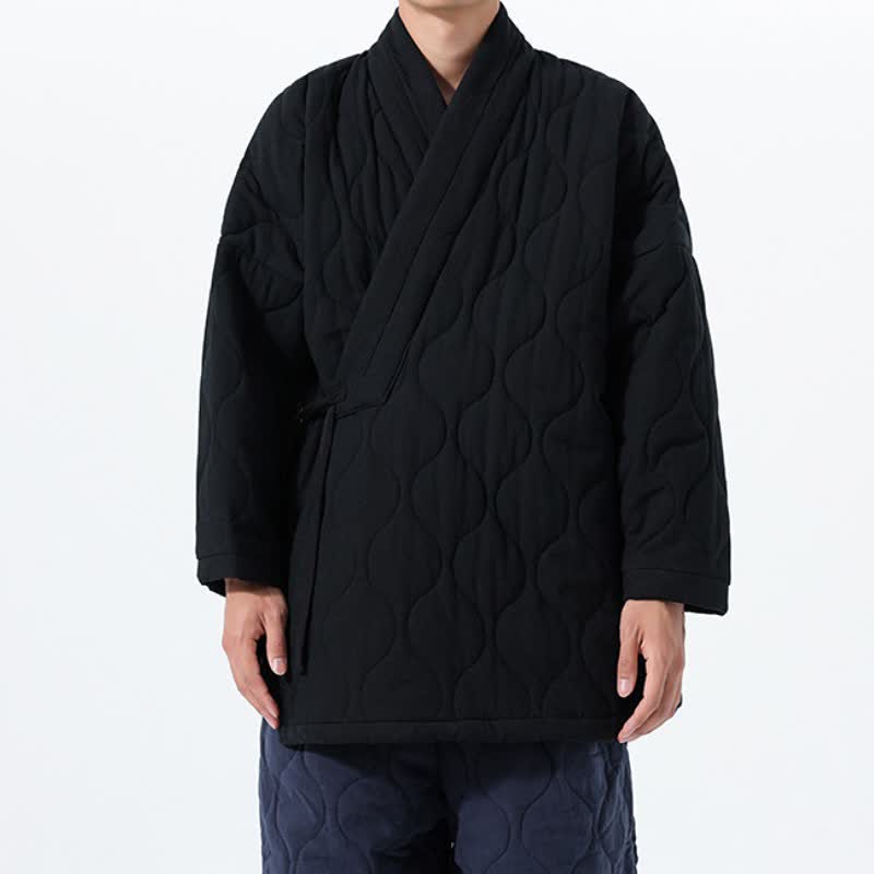 Buddha Stones Fall Winter Casual Tang Style Drawstring Quilted Solid Cotton Men's Kimono With Pockets - image 23