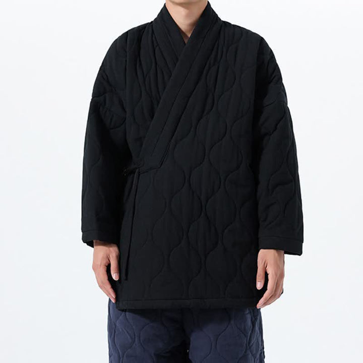 Buddha Stones Fall Winter Casual Tang Style Drawstring Quilted Solid Cotton Men's Kimono With Pockets - image 23