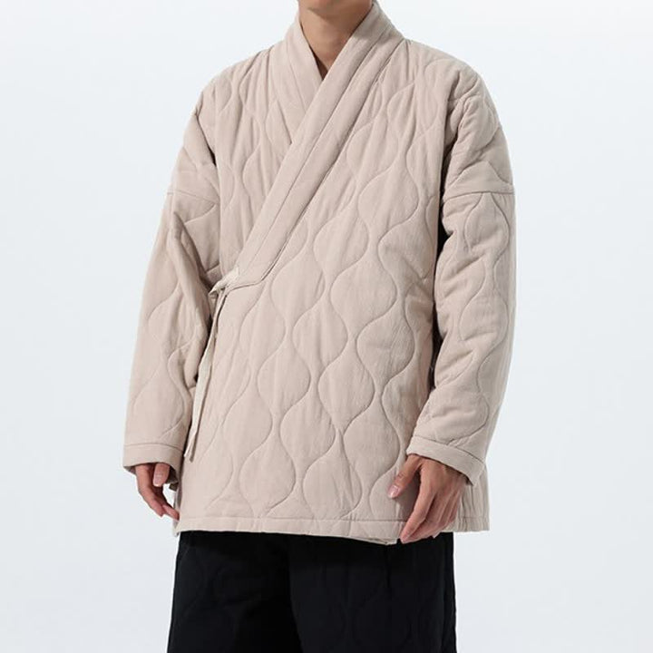 Buddha Stones Fall Winter Casual Tang Style Drawstring Quilted Solid Cotton Men's Kimono With Pockets - image 29