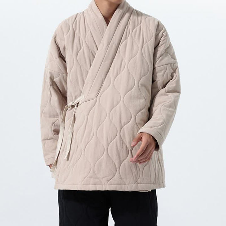 Buddha Stones Fall Winter Casual Tang Style Drawstring Quilted Solid Cotton Men's Kimono With Pockets - image 34