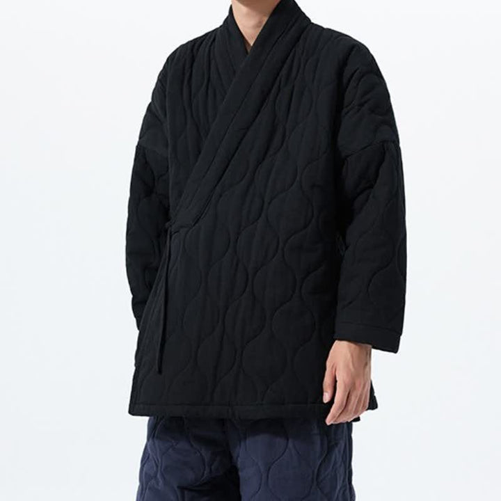 Buddha Stones Fall Winter Casual Tang Style Drawstring Quilted Solid Cotton Men's Kimono With Pockets - image 25