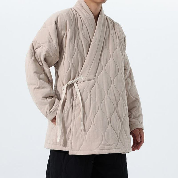 Buddha Stones Fall Winter Casual Tang Style Drawstring Quilted Solid Cotton Men's Kimono With Pockets - image 32