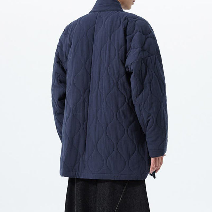 Buddha Stones Fall Winter Casual Tang Style Drawstring Quilted Solid Cotton Men's Kimono With Pockets - image 4