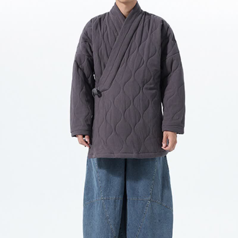 Buddha Stones Fall Winter Casual Tang Style Drawstring Quilted Solid Cotton Men's Kimono With Pockets - image 17