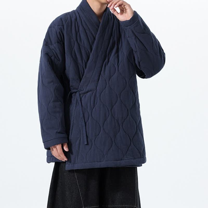 Buddha Stones Fall Winter Casual Tang Style Drawstring Quilted Solid Cotton Men's Kimono With Pockets - image 3