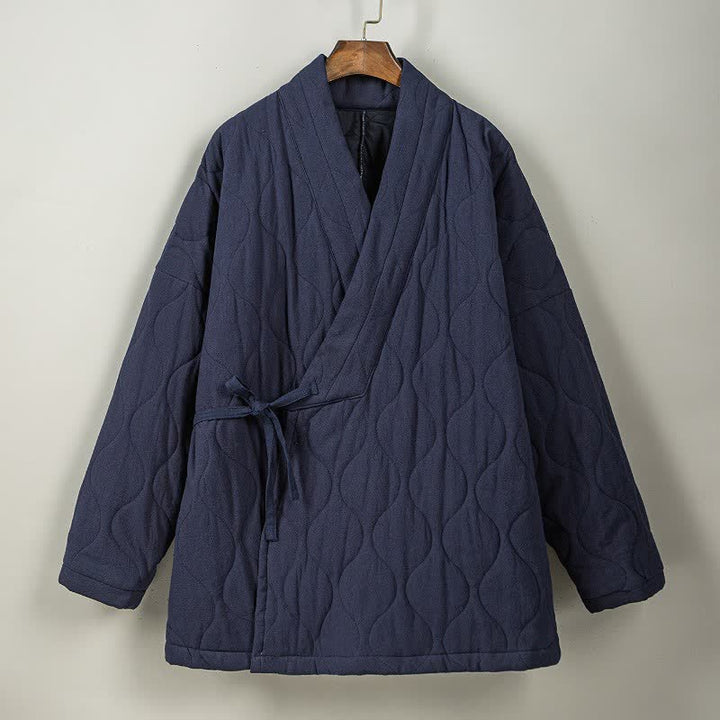 Buddha Stones Fall Winter Casual Tang Style Drawstring Quilted Solid Cotton Men's Kimono With Pockets - image 8