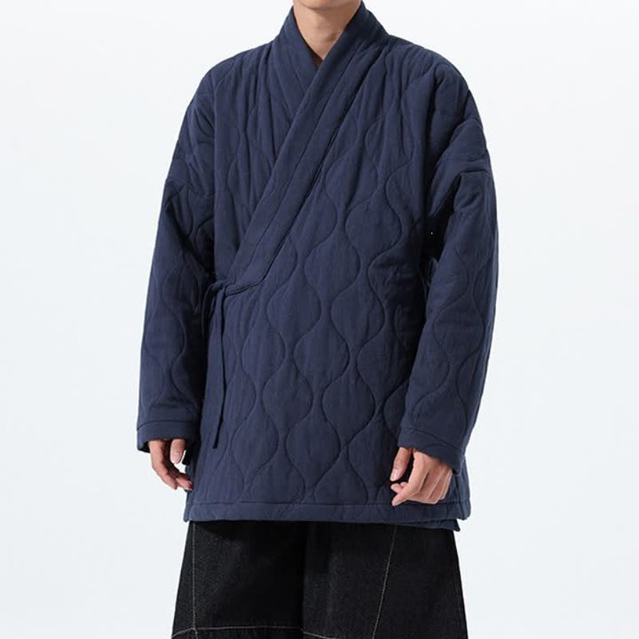Buddha Stones Fall Winter Casual Tang Style Drawstring Quilted Solid Cotton Men's Kimono With Pockets - image 2