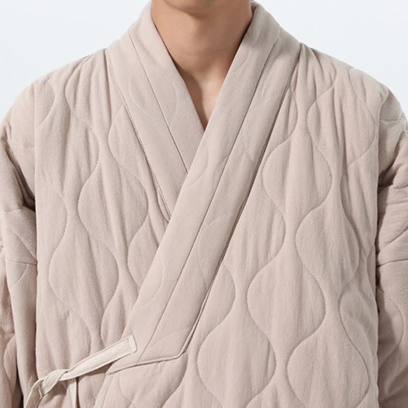 Buddha Stones Fall Winter Casual Tang Style Drawstring Quilted Solid Cotton Men's Kimono With Pockets - image 36