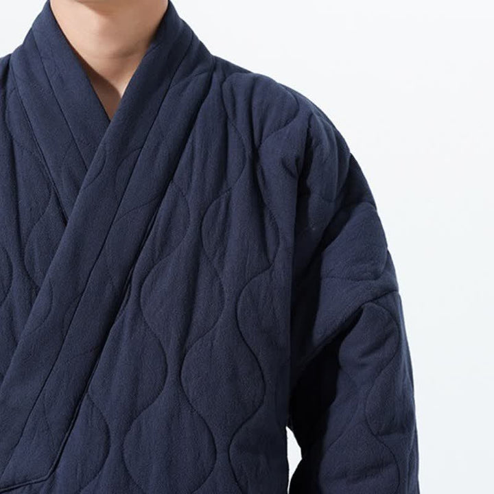 Buddha Stones Fall Winter Casual Tang Style Drawstring Quilted Solid Cotton Men's Kimono With Pockets - image 11