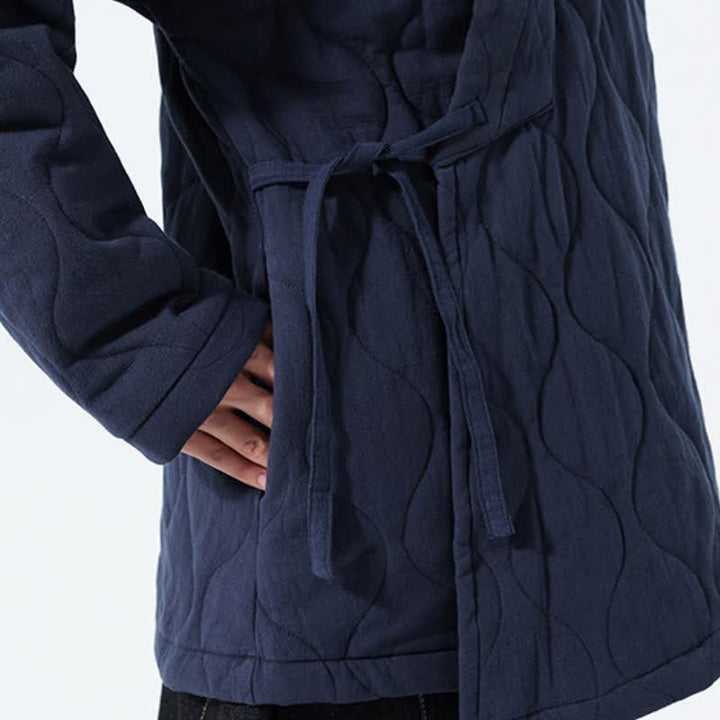 Buddha Stones Fall Winter Casual Tang Style Drawstring Quilted Solid Cotton Men's Kimono With Pockets - image 12