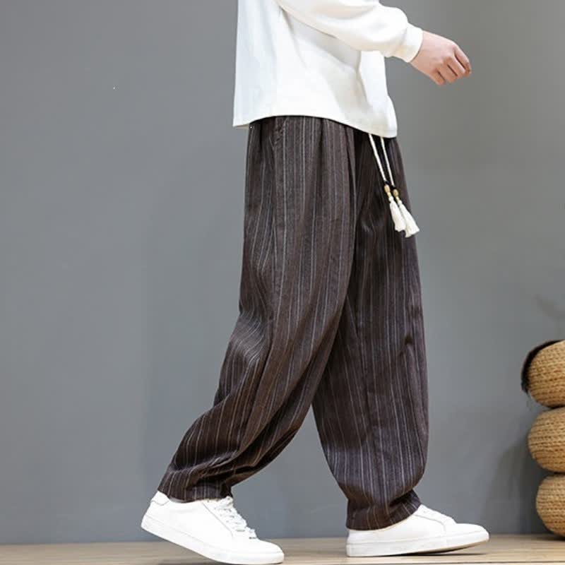 Buddha Stones Fall Casual Drawstring Striped Long Pants Men's Straight Leg Pants With Pockets - image 3