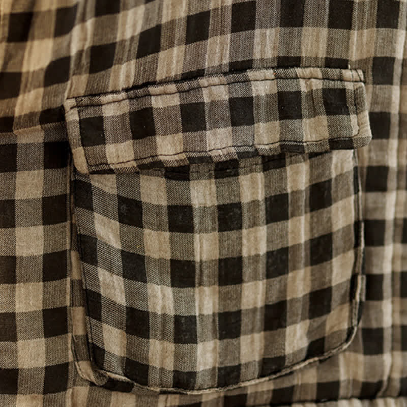 Buddha Stones Fall Winter Casual Vintage Tang Style Tan Plaid Women's Jacket With Pockets - image 10