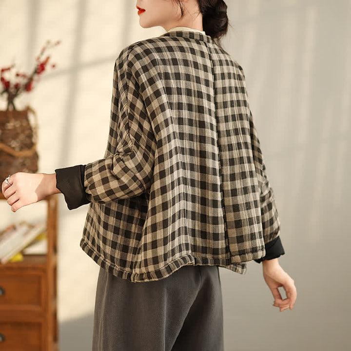 Buddha Stones Fall Winter Casual Vintage Tang Style Tan Plaid Women's Jacket With Pockets - image 4
