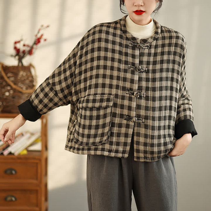 Buddha Stones Fall Winter Casual Vintage Tang Style Tan Plaid Women's Jacket With Pockets - image 3