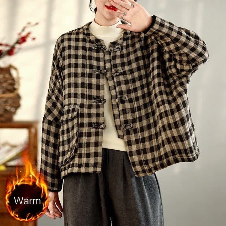 Buddha Stones Fall Winter Casual Vintage Tang Style Tan Plaid Women's Jacket With Pockets - image 6