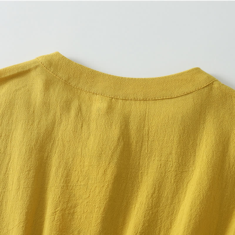 Buddha Stones Fall Winter Casual Vintage Button-Up Drawstring Solid Cotton Linen Women's Long Sleeve Dress With Pocket - image 3