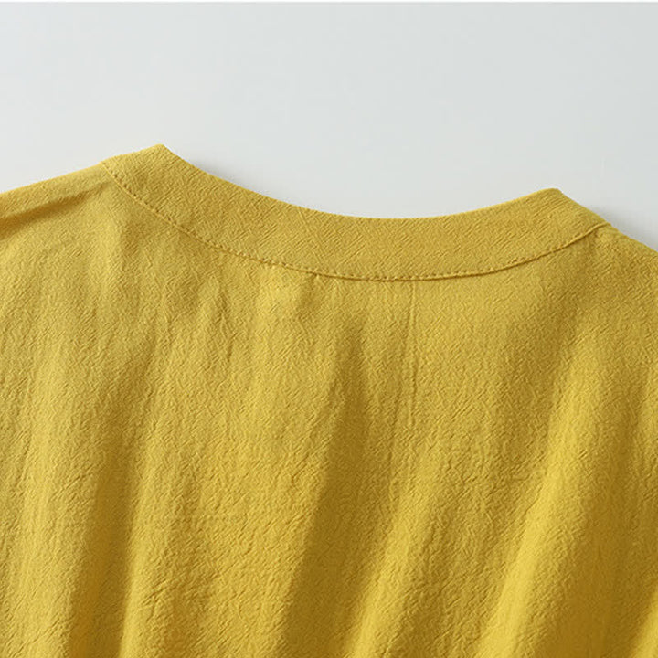 Buddha Stones Fall Winter Casual Vintage Button-Up Drawstring Solid Cotton Linen Women's Long Sleeve Dress With Pocket - image 3