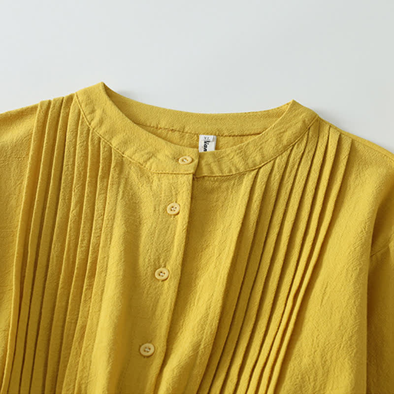 Buddha Stones Fall Winter Casual Vintage Button-Up Drawstring Solid Cotton Linen Women's Long Sleeve Dress With Pocket - image 2