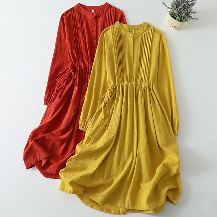 Buddha Stones Fall Winter Casual Vintage Button-Up Drawstring Solid Cotton Linen Women's Long Sleeve Dress With Pocket - image 15