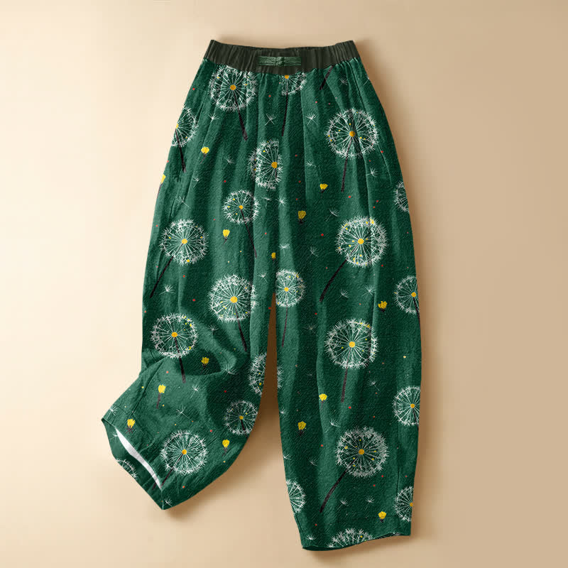 Buddha Stones Pure Cotton Dandelion Bloom Pattern Frog Button Women's Elastic Waist Harem Pants With Pockets - SeaGreen - US16，UK/AU20，EU48 (3XL) - image 0