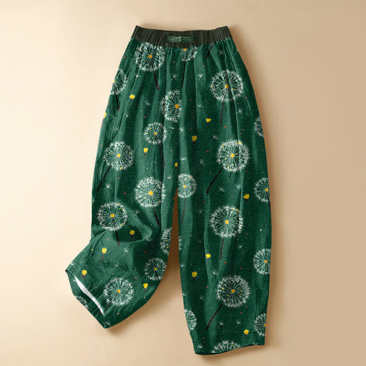 Buddha Stones Pure Cotton Dandelion Bloom Pattern Frog Button Women's Elastic Waist Harem Pants With Pockets - SeaGreen - US16，UK/AU20，EU48 (3XL) - image 0
