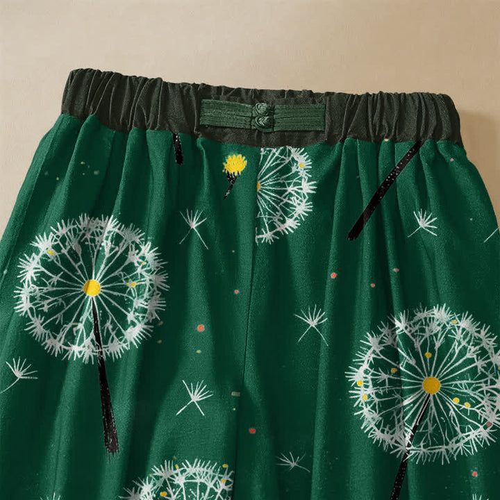 Buddha Stones Pure Cotton Dandelion Bloom Pattern Frog Button Women's Elastic Waist Harem Pants With Pockets - image 2