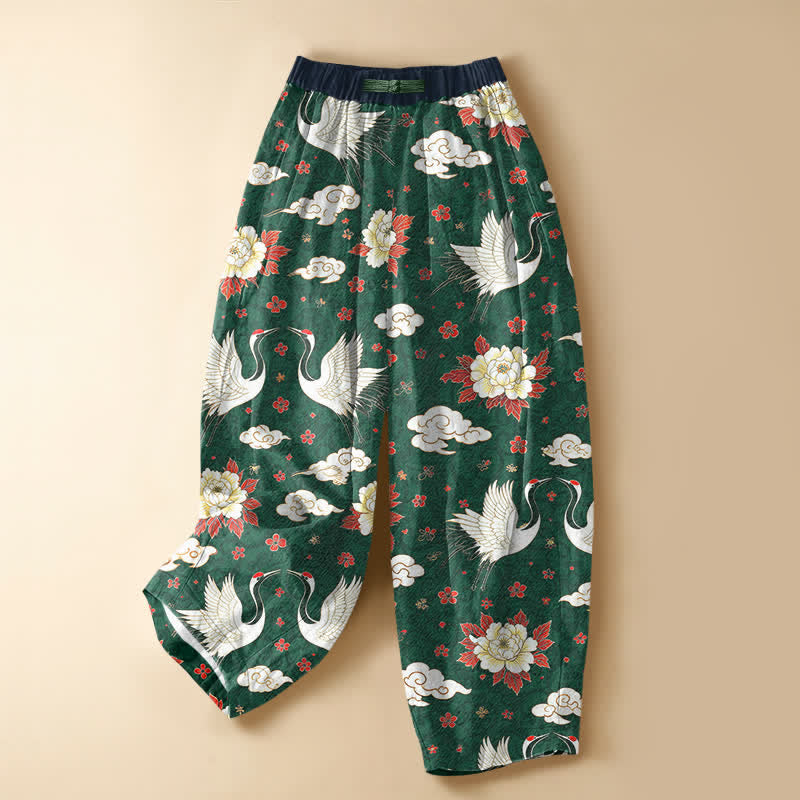 Buddha Stones Pure Cotton Classic Crane Peony Pattern Frog Button Women's Elastic Waist Harem Pants With Pockets - SeaGreen - US16，UK/AU20，EU48 (3XL) - image 7