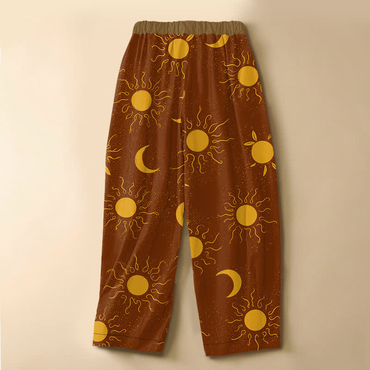 Buddha Stones Pure Cotton Celestial Sun Moon Pattern Frog Button Women's Elastic Waist Harem Pants With Pockets - image 1