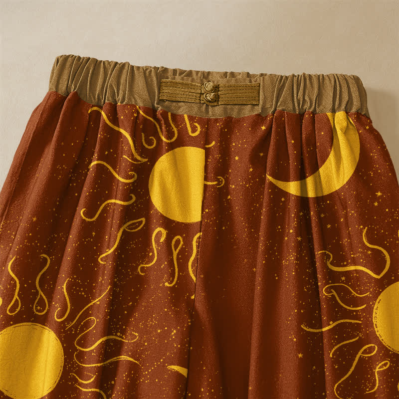 Buddha Stones Pure Cotton Celestial Sun Moon Pattern Frog Button Women's Elastic Waist Harem Pants With Pockets - image 3