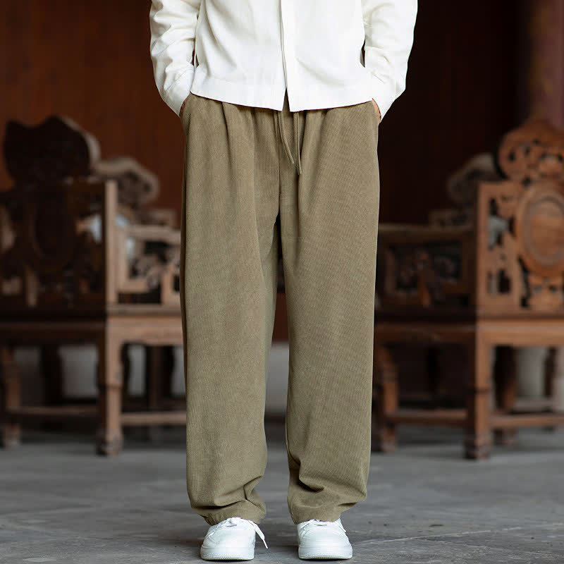 Buddha Stones Fall Casual Minimalist Drawstring Solid Ankle Pants Corduroy Men's Straight Leg Pants With Pockets - Tan - US/UK/AU46, EU56 (5XL) - image 0