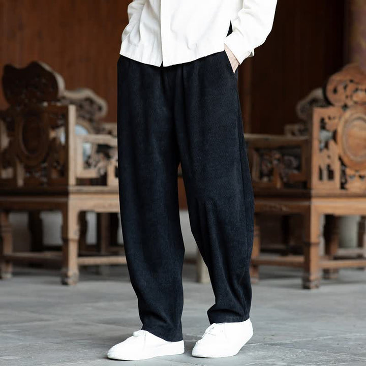 Buddha Stones Fall Casual Minimalist Drawstring Solid Ankle Pants Corduroy Men's Straight Leg Pants With Pockets - Black - US/UK/AU46, EU56 (5XL) - image 12