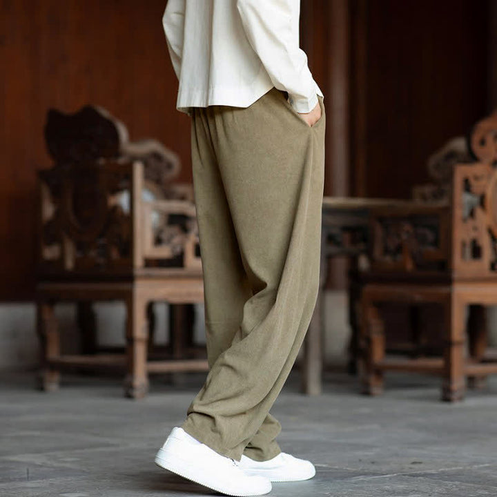 Buddha Stones Fall Casual Minimalist Drawstring Solid Ankle Pants Corduroy Men's Straight Leg Pants With Pockets - image 4