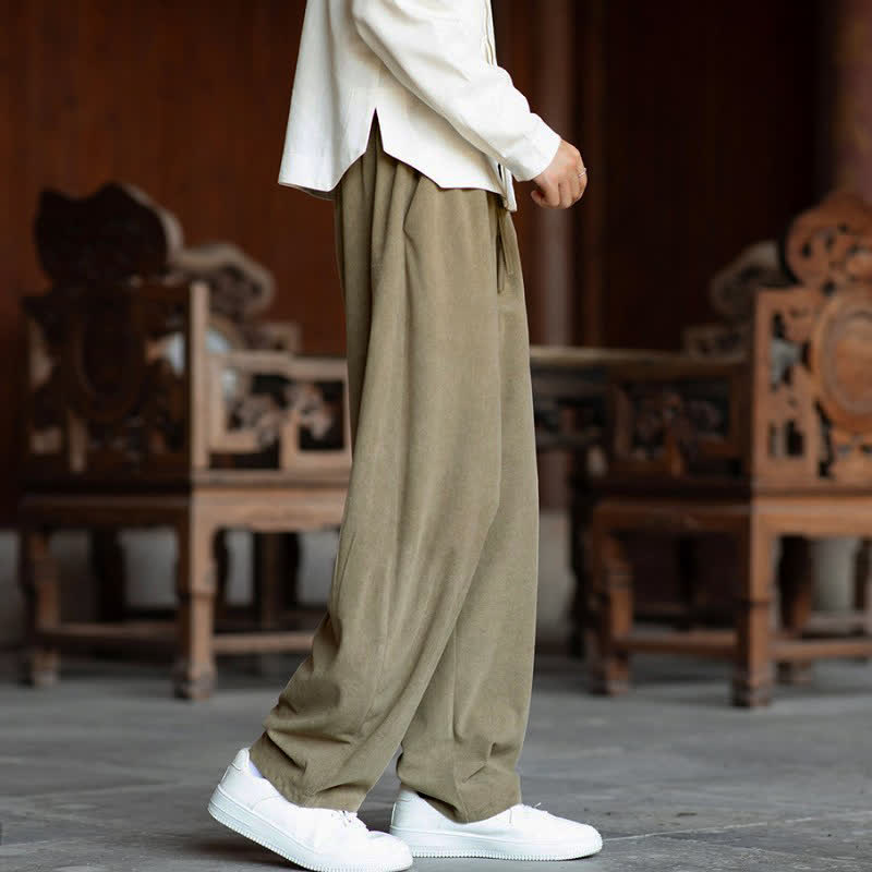 Buddha Stones Fall Casual Minimalist Drawstring Solid Ankle Pants Corduroy Men's Straight Leg Pants With Pockets - image 3
