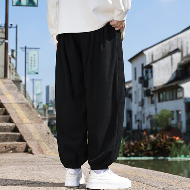 Buddha Stones Winter Basic Classic Drawstring Solid Cropped Pants Corduroy Men's Harem Pants With Pockets - image 11