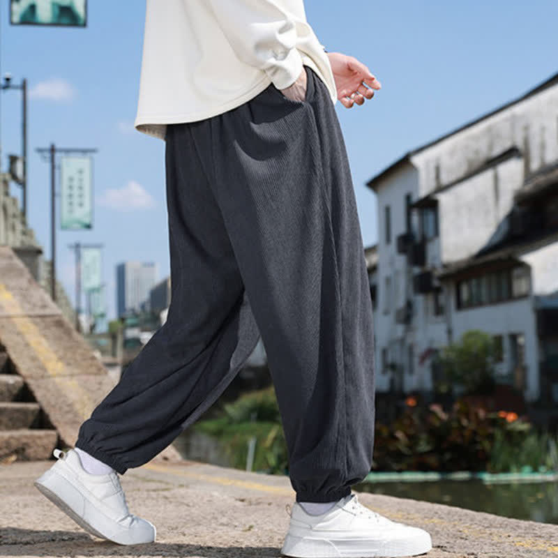Buddha Stones Winter Basic Classic Drawstring Solid Cropped Pants Corduroy Men's Harem Pants With Pockets - image 18