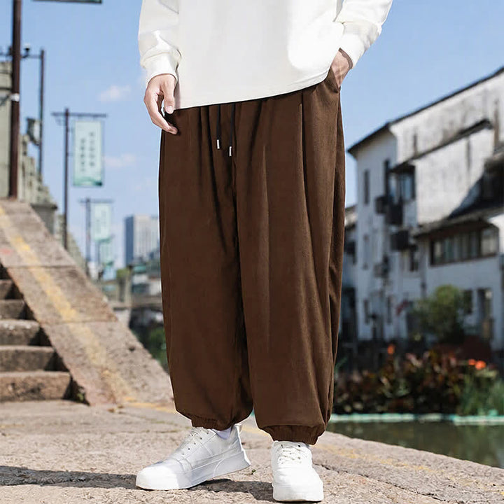Buddha Stones Winter Basic Classic Drawstring Solid Cropped Pants Corduroy Men's Harem Pants With Pockets - image 2