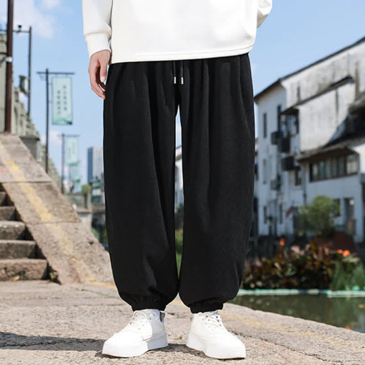 Buddha Stones Winter Basic Classic Drawstring Solid Cropped Pants Corduroy Men's Harem Pants With Pockets - Black - US/UK/AU46, EU56 (5XL) - image 8