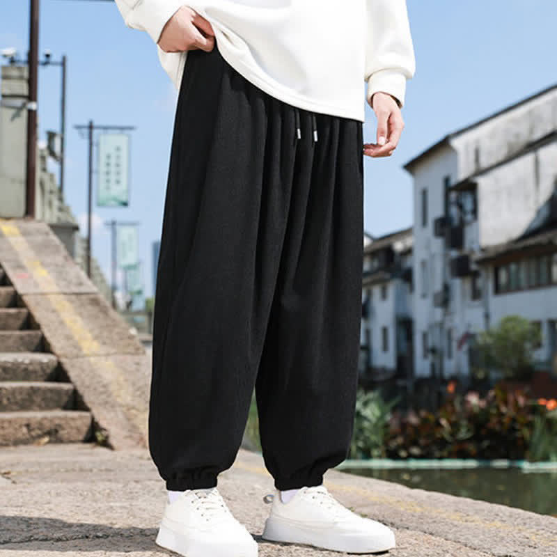 Buddha Stones Winter Basic Classic Drawstring Solid Cropped Pants Corduroy Men's Harem Pants With Pockets - image 10