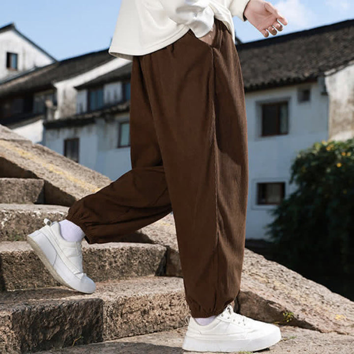Buddha Stones Winter Basic Classic Drawstring Solid Cropped Pants Corduroy Men's Harem Pants With Pockets - image 5