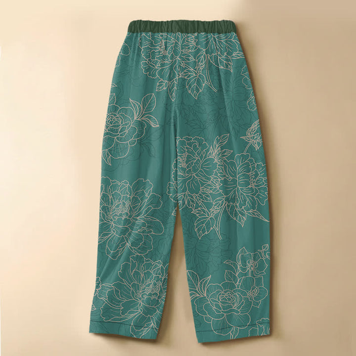Buddha Stones Pure Cotton Vintage Botanical Bloom Pattern Frog Button Women's Elastic Waist Harem Pants With Pockets - image 1
