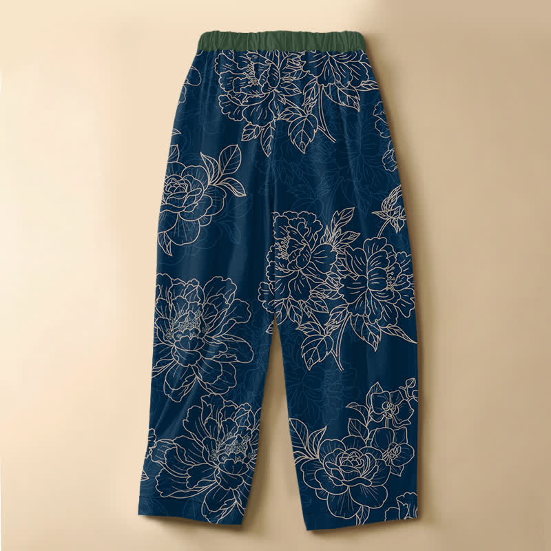 Buddha Stones Pure Cotton Vintage Botanical Bloom Pattern Frog Button Women's Elastic Waist Harem Pants With Pockets - image 8