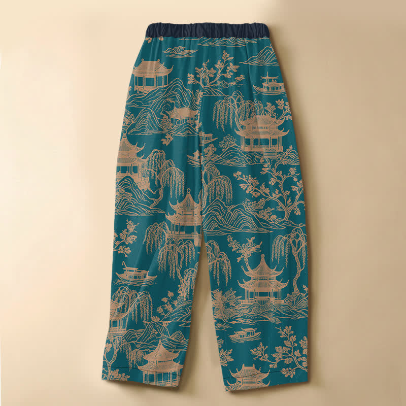 Buddha Stones Pure Cotton Vintage Landscape Pavilion Pattern Frog Button Women's Elastic Waist Harem Pants With Pockets - image 1