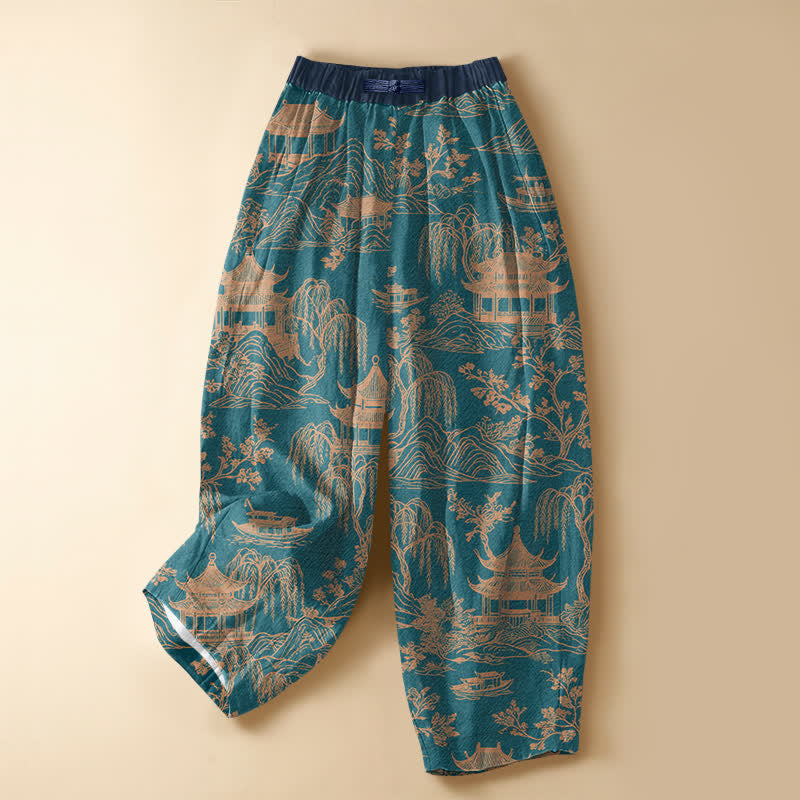 Buddha Stones Pure Cotton Vintage Landscape Pavilion Pattern Frog Button Women's Elastic Waist Harem Pants With Pockets - Teal - US16，UK/AU20，EU48 (3XL) - image 0