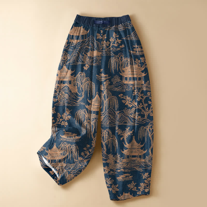 Buddha Stones Pure Cotton Vintage Landscape Pavilion Pattern Frog Button Women's Elastic Waist Harem Pants With Pockets - Navy - US16，UK/AU20，EU48 (3XL) - image 5