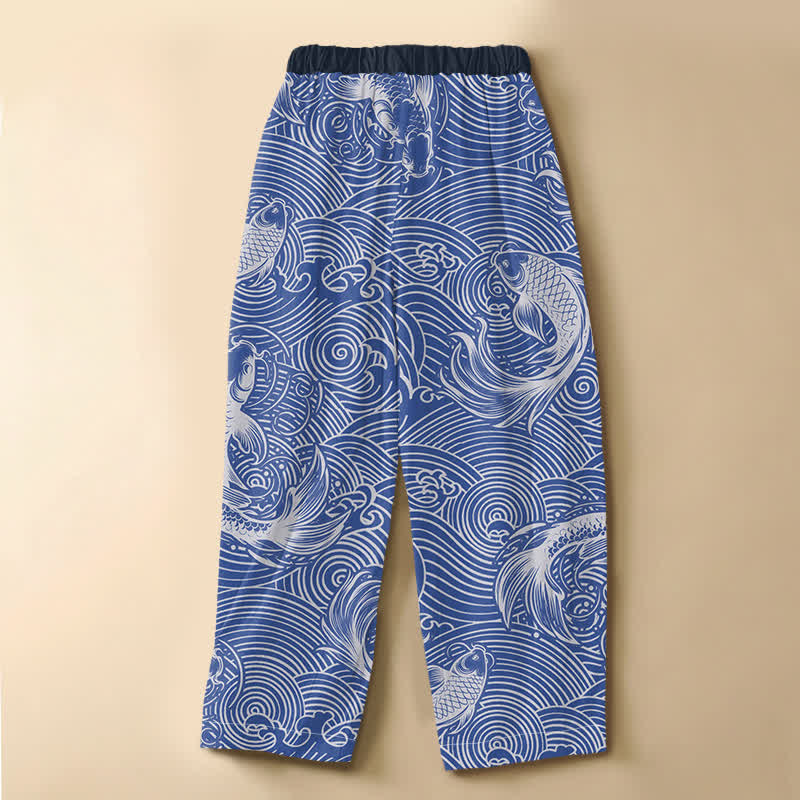 Buddha Stones Pure Cotton Ocean Wave Koi Fish Pattern Frog Button Women's Elastic Waist Harem Pants With Pockets - image 1