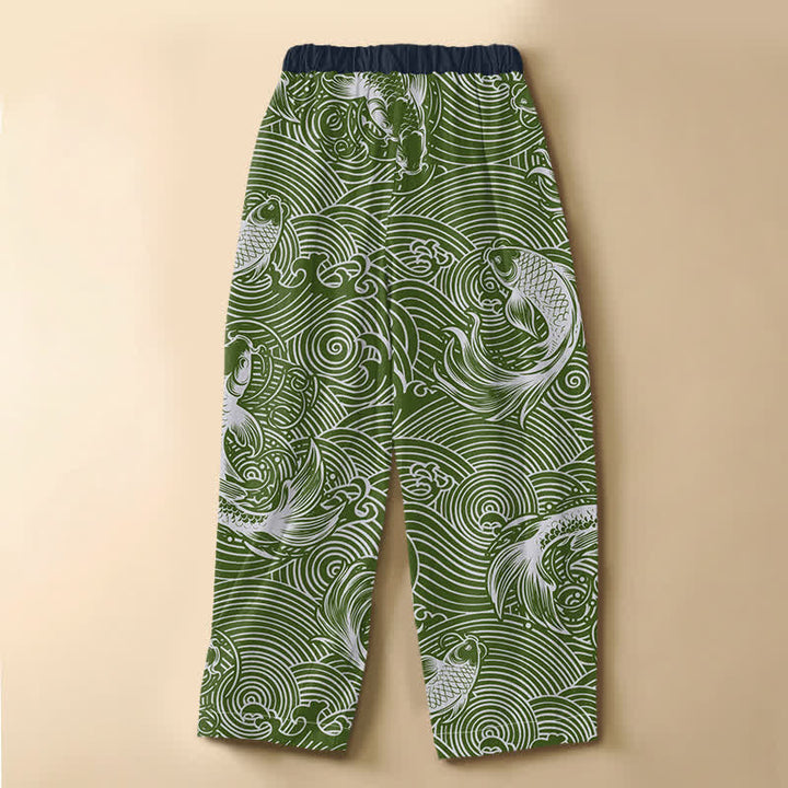 Buddha Stones Pure Cotton Ocean Wave Koi Fish Pattern Frog Button Women's Elastic Waist Harem Pants With Pockets - image 6
