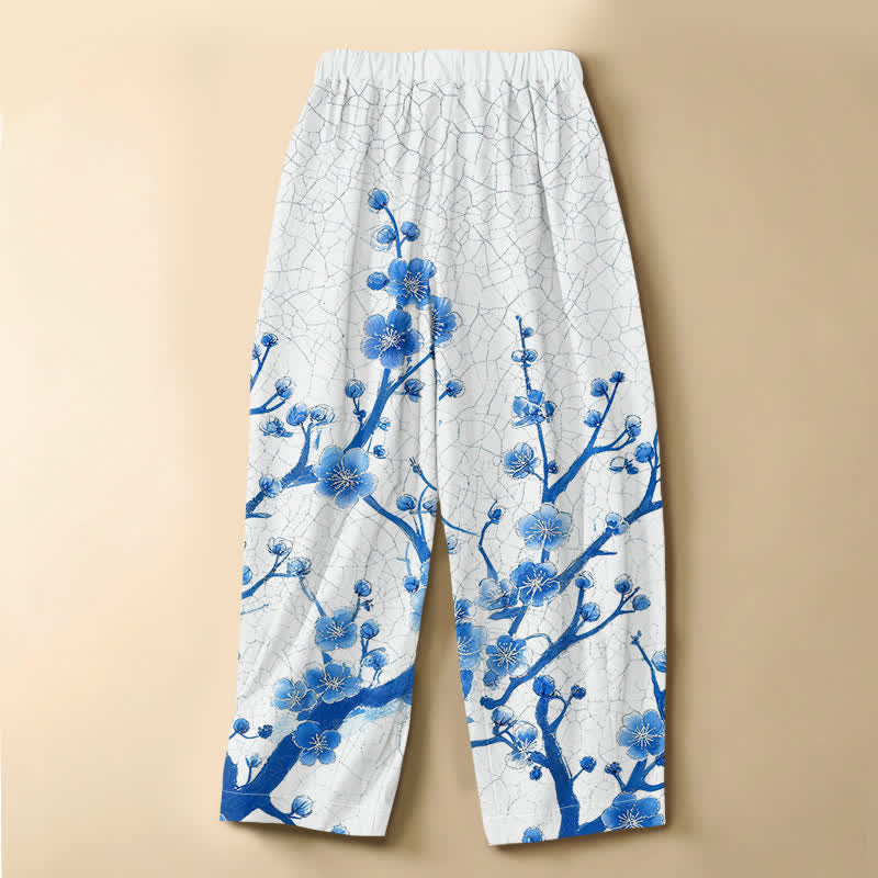 Buddha Stones Pure Cotton Plum Blossom Branch Pattern Frog Button Women's Elastic Waist Harem Pants With Pockets - image 1