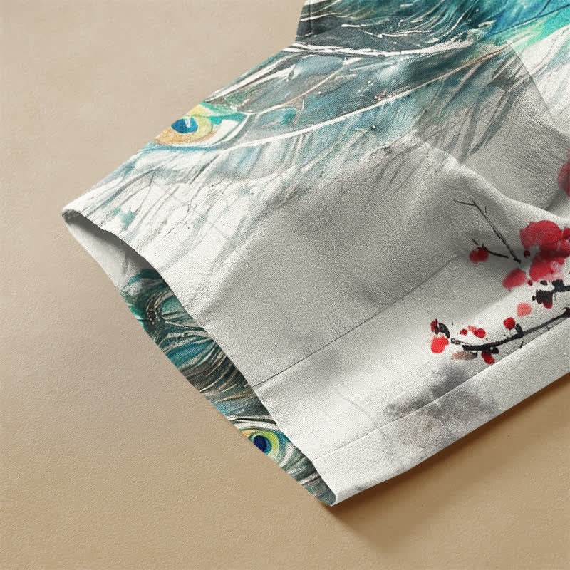 Buddha Stones Pure Cotton Oriental Peacock Plum Blossom Pattern Frog Button Women's Elastic Waist Harem Pants With Pockets - image 3