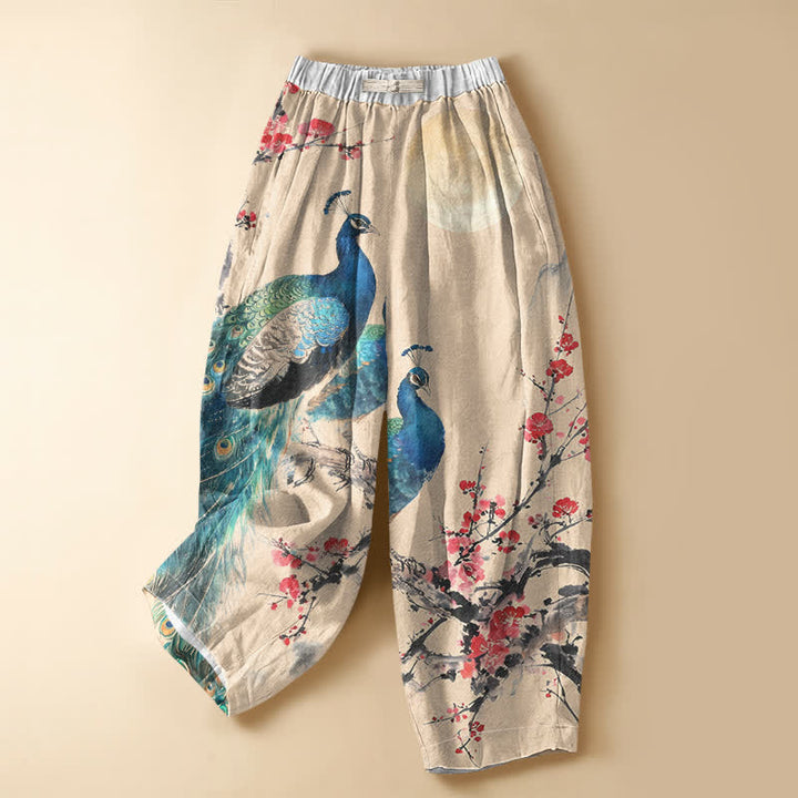 Buddha Stones Pure Cotton Oriental Peacock Plum Blossom Pattern Frog Button Women's Elastic Waist Harem Pants With Pockets - PapayaWhip - US16，UK/AU20，EU48 (3XL) - image 7